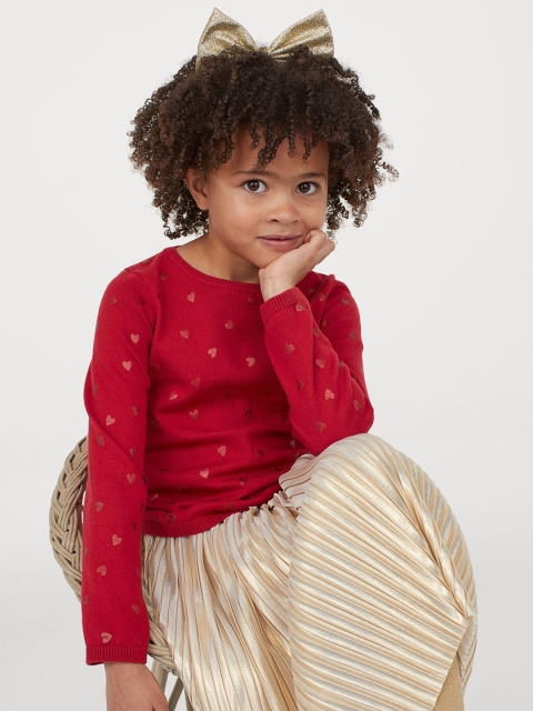 

H&M Girls Red Heart Print Fine-Knit Cotton Jumper