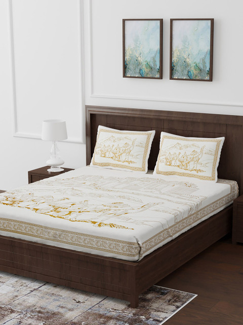 

Gulaab Jaipur White Yellow Abstract 330 TC Cotton 1 King Bedsheet with 2 Pillow Covers