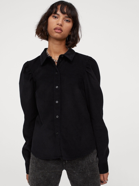 

H&M Women Black Solid Puff-Sleeved Corduroy Shirt