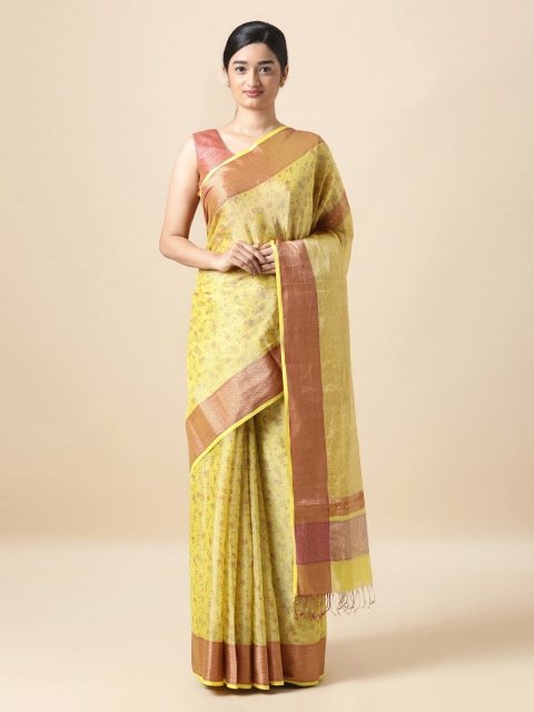 

Taneira Yellow Silk Cotton Printed Block Print Sustainable Saree