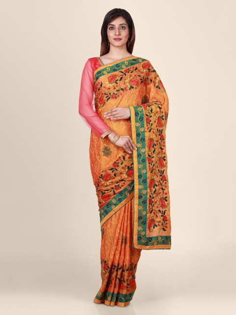 

CLAI WORLD Orange & Green Silk Blend Woven Design Saree