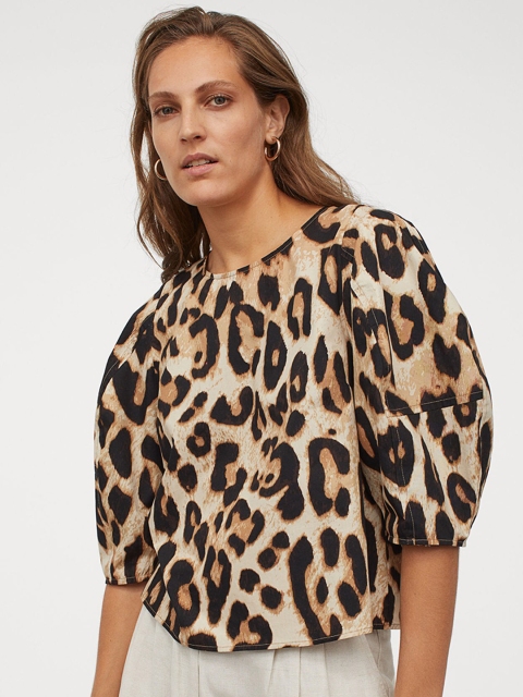 

H&M Women Black & Brown Animal Print Puff-Sleeved Blouse