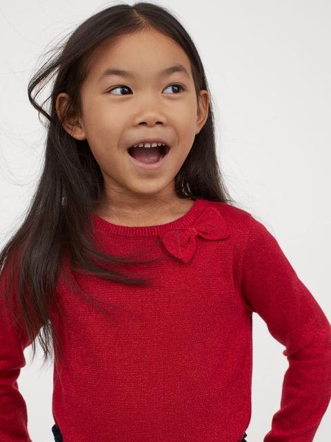

H&M Girls Red Solid Fine-Knit Cotton Jumper