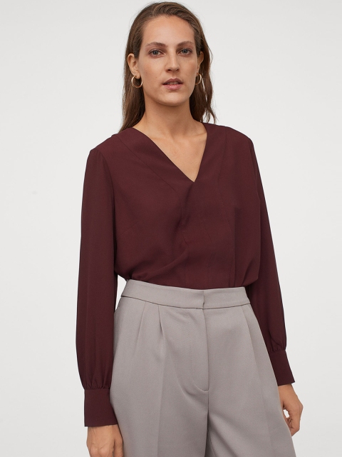 

H&M Women Maroon Solid V-Neck Blouse