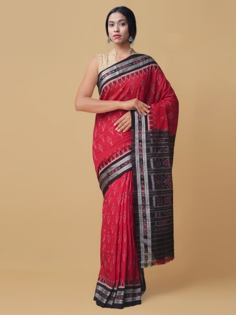 Unnati Silks Red & Black Pure Cotton Printed Sambalpuri Saree