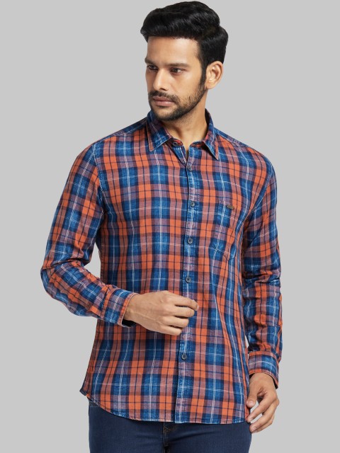 

Parx Men Blue & Orange Regular Fit Checked Casual Shirt