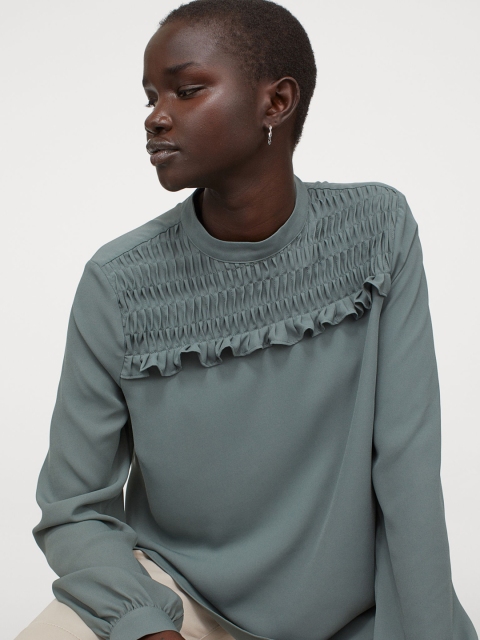 

H&M Women Green Solid Smocking-Detail Blouse