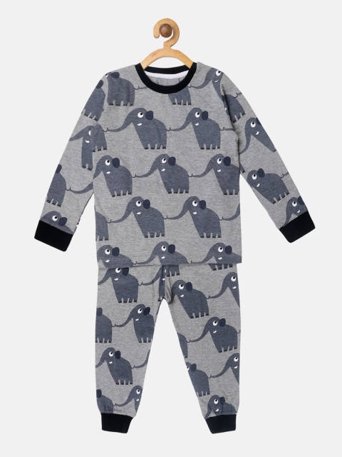 

Lazy Shark Boys Grey Melange & Navy Blue Elephant Printed Night suit
