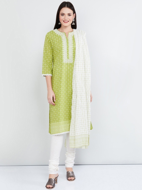 

max Women Green & White Printed Kurta with Churidar & Dupatta