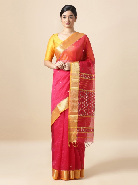 

Taneira Pink & Gold-Toned Silk Cotton Embroidered Sustainable Saree