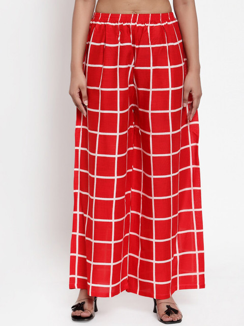 

NEUDIS Women Red & White Checked Wide Leg Palazzos