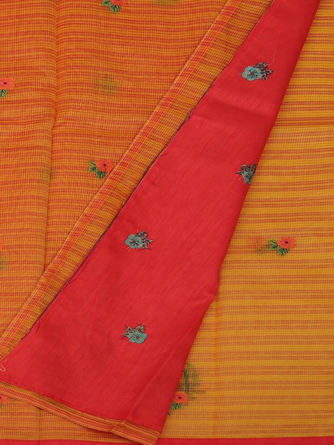 

Pothys Mustard & Red Supernet Embroidered Saree