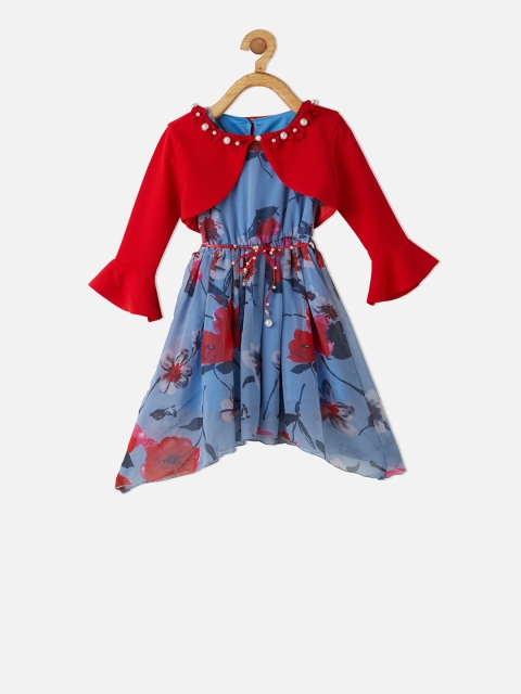 

VITAMINS Girls Blue & Red Printed Fit and Flare Dress