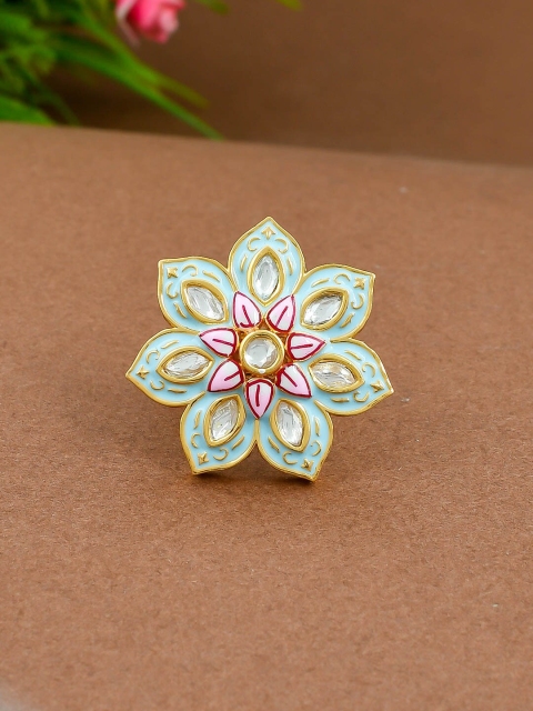 

Imittire Women Turquoise Blue Pink Enameled Kundan Polki Cocktail Ring, Green