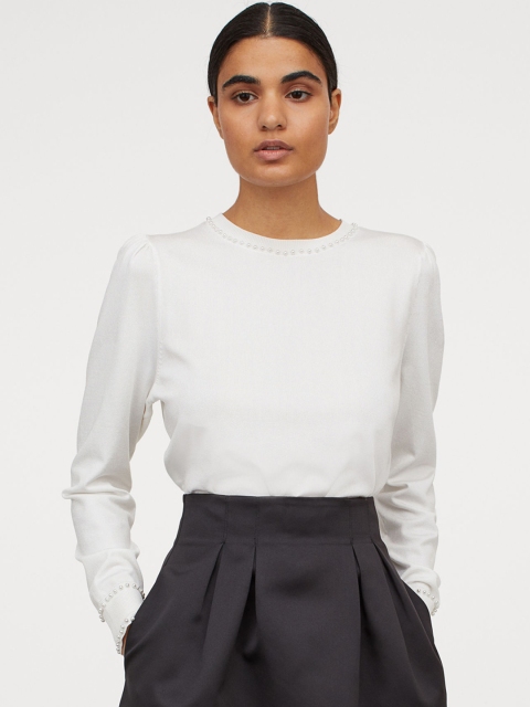 

H&M Women White Solid Bead-Detail Jumper