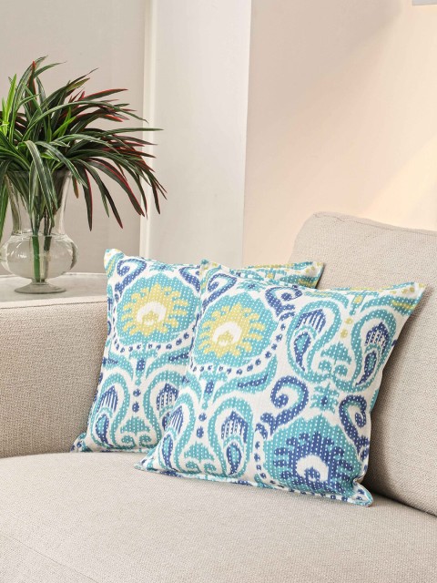 

BLUE BOAT Blue & White Set of 2 Ethnic Motifs Square Cushion Covers