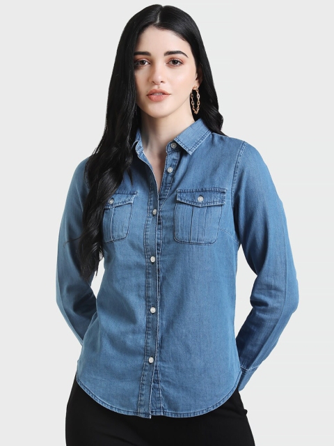 

Kazo Women Blue Regular Fit Solid Denim Casual Shirt