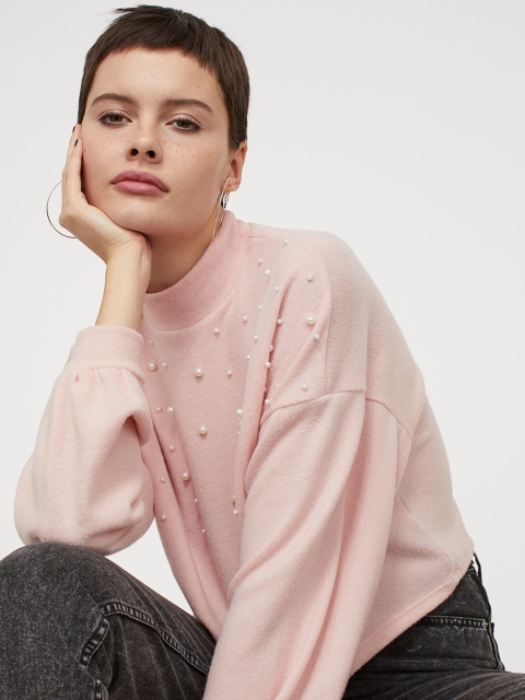 

H&M Women Pink Solid Beaded Jumper