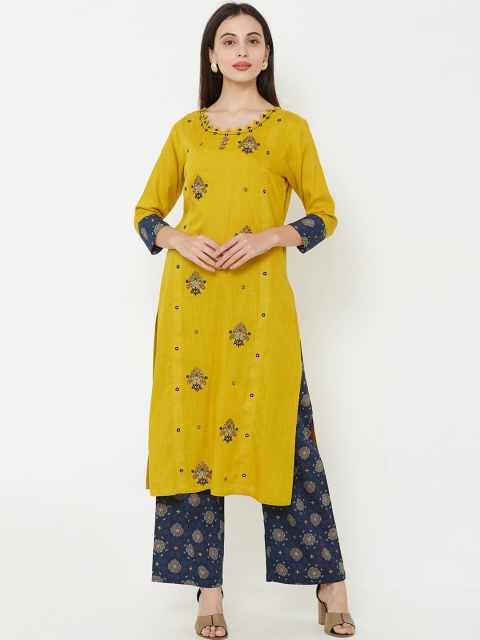 

FASHOR Women Mustard & Blue Embroidered Kurta with Trousers