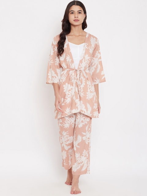 

The Kaftan Company Women Peach & White Floral Printed Night Suit