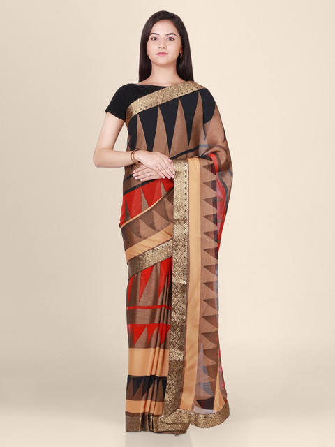 

CLAI WORLD Brown & Red Poly Georgette Printed Saree