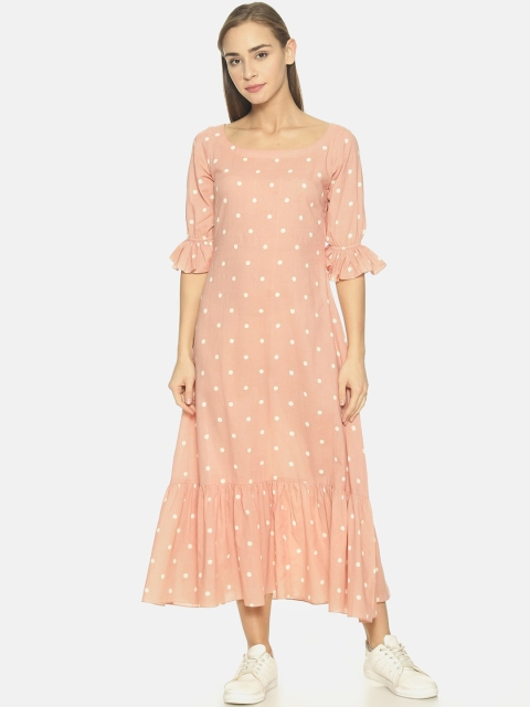 

NANGALIA RUCHIRA Women Peach-Coloured & White Polka Dot Printed A-Line Dress