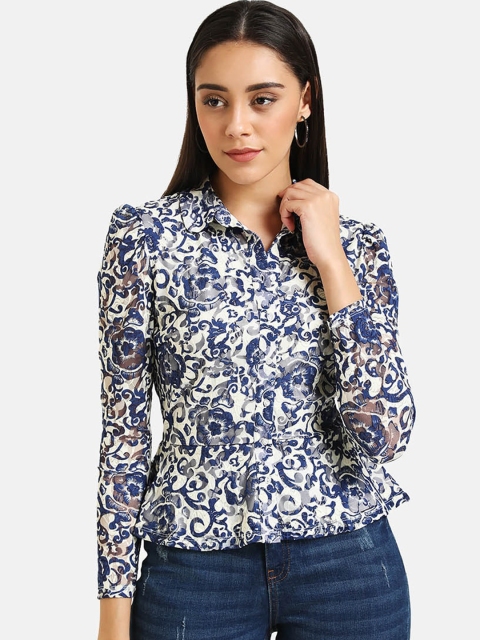 

Kazo Women Blue & White Slim Fit Printed Casual Shirt