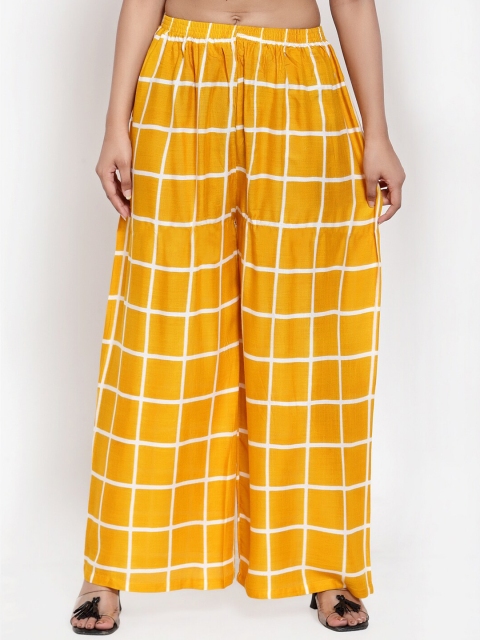 

NEUDIS Women Yellow & White Checked Wide Leg Palazzos