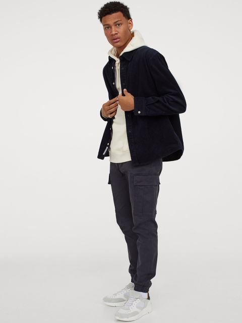 

H&M Men Navy Solid Corduroy Shacket, Navy blue