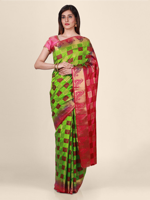 

CLAI WORLD Green & Red Silk Blend Handloom Checked Saree