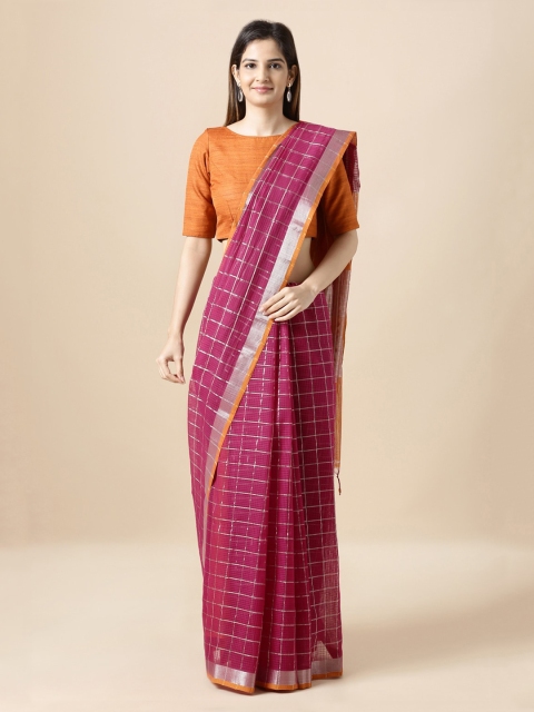 

Taneira Magenta & Orange Pure Cotton Checked Mangalagiri Saree