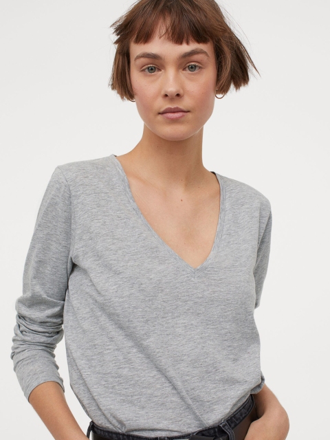 

H&M Women Grey Solid Slub Jersey Top
