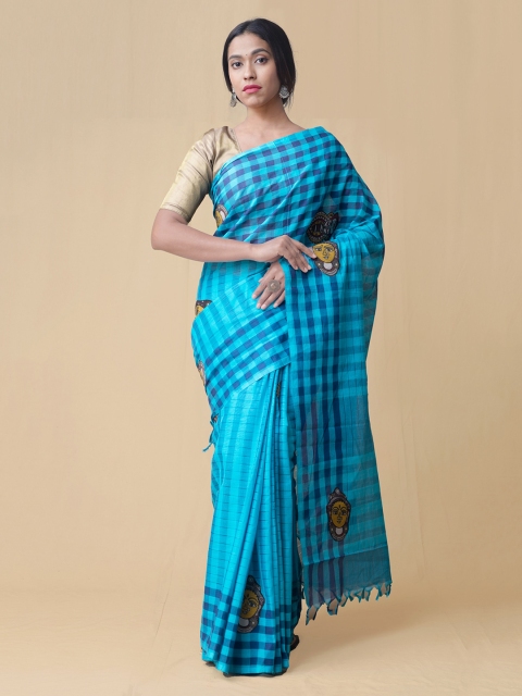 

Unnati Silks Blue Pure Cotton Checked Mangalagiri Saree