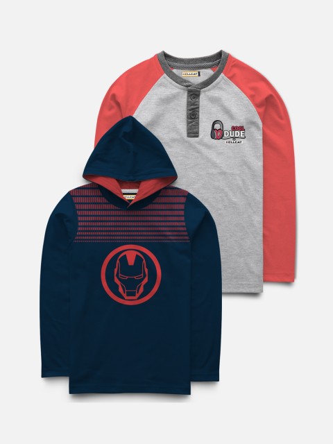 

HELLCAT Boys Grey & Navy Blue Pack of 2 Colourblocked T-shirt