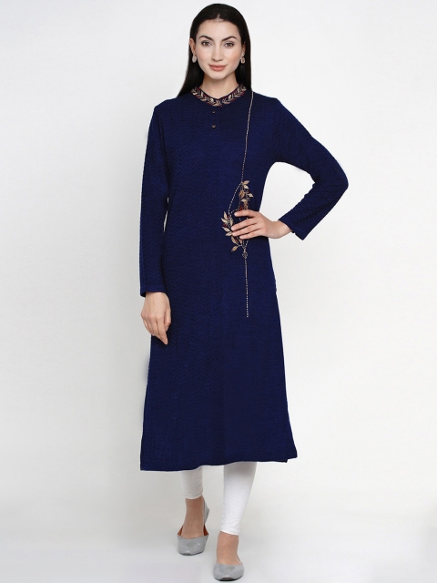 

FABNEST Women Navy Blue Solid A-Line Winter Kurta