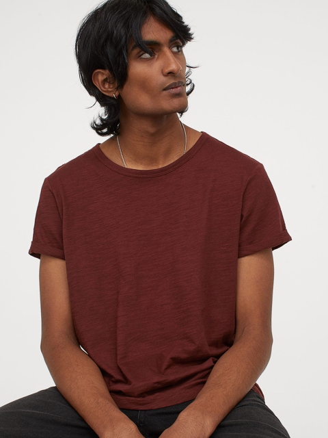 

H&M Men Brown Cotton T-Shirt Regular Fit