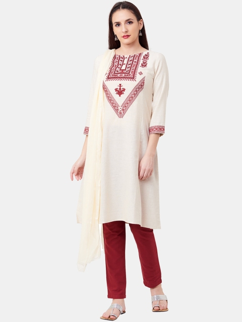 

IMARA Women Off-White & Red Embroidered Kurta with Trousers & Dupatta