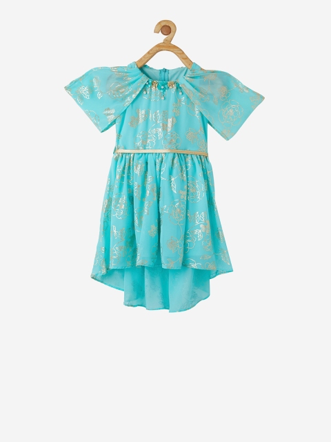 

VITAMINS Girls Sea Green & Gold Printed Fit and Flare Dress