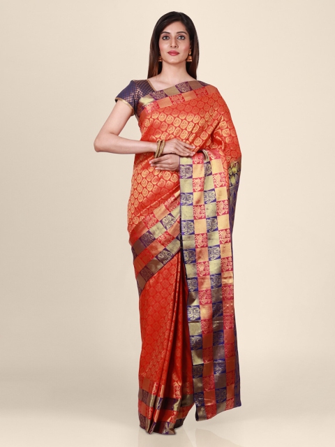 

CLAI WORLD Red & Blue Silk Blend Woven Design Handloom Saree