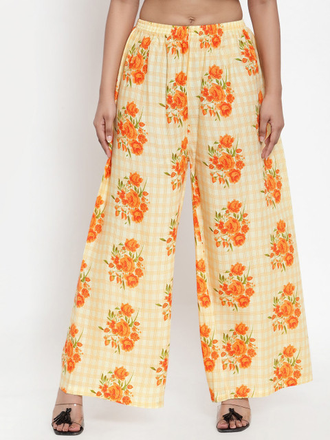 

NEUDIS Women Beige & Orange Floral Printed Wide Leg Palazzos