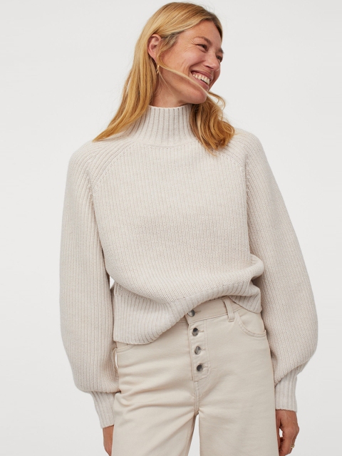 

H&M Women Cream-Coloured Ribbed Wool-Blend Jumper