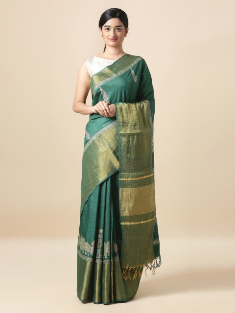 

Taneira Green & Gold-Coloured Printed and Embellished Pure Tussar Silk Sustainable Saree
