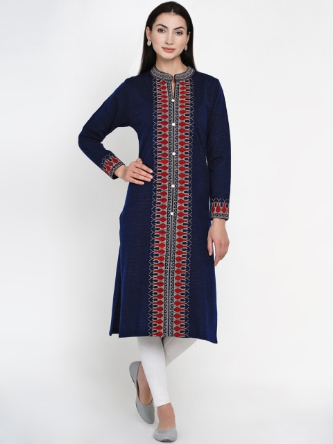 

FABNEST Women Acrylic Navy Blue & Maroon Woven Design Straight Winter Kurta