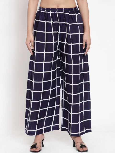 

NEUDIS Women Navy Blue Checked Wide Leg Palazzos