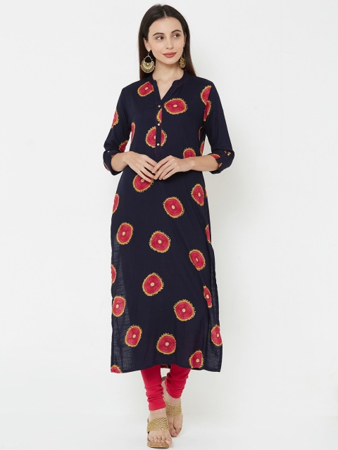 

FASHOR Women Navy Blue & Red Printed Straight Kurta
