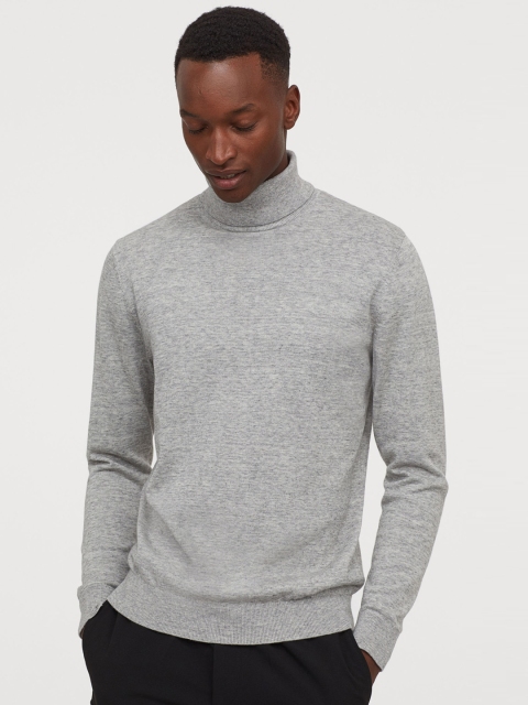 

H&M Men Grey Solid Fine-knit Polo-Neck Jumper