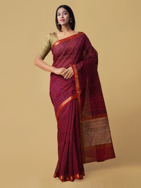 

Unnati Silks Maroon Silk Cotton Printed Maheshwari Saree