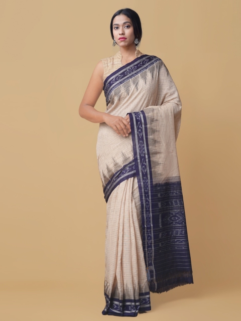 

Unnati Silks Cream-Coloured & Navy Blue Handloom Pure Cotton Woven Design Sambalpuri Saree