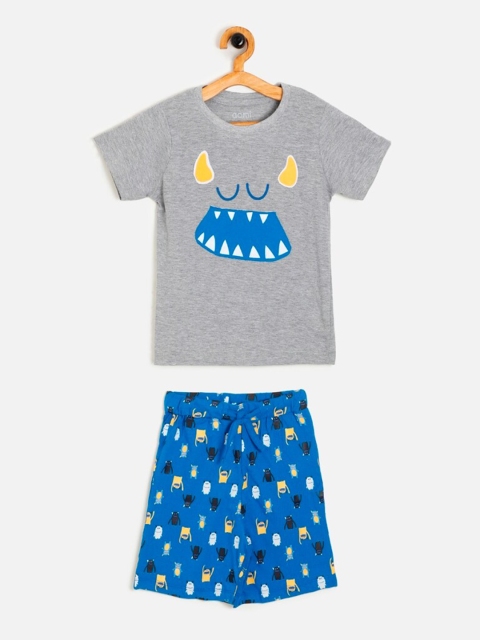 Aomi Boys Grey Melange & Blue Printed Night suit