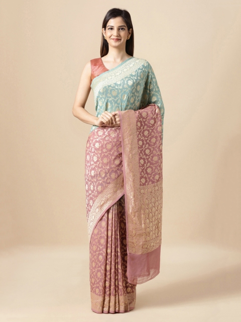 

Taneira Blue & Pink Pure Georgette Woven Design Banarasi Saree
